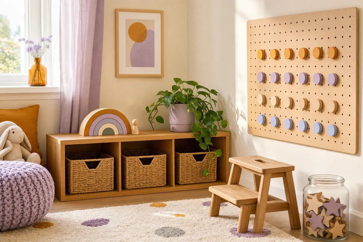 A sunlit children's corner with woven baskets, a step stool, a jar of wooden star tokens and a pegboard with colored magnets