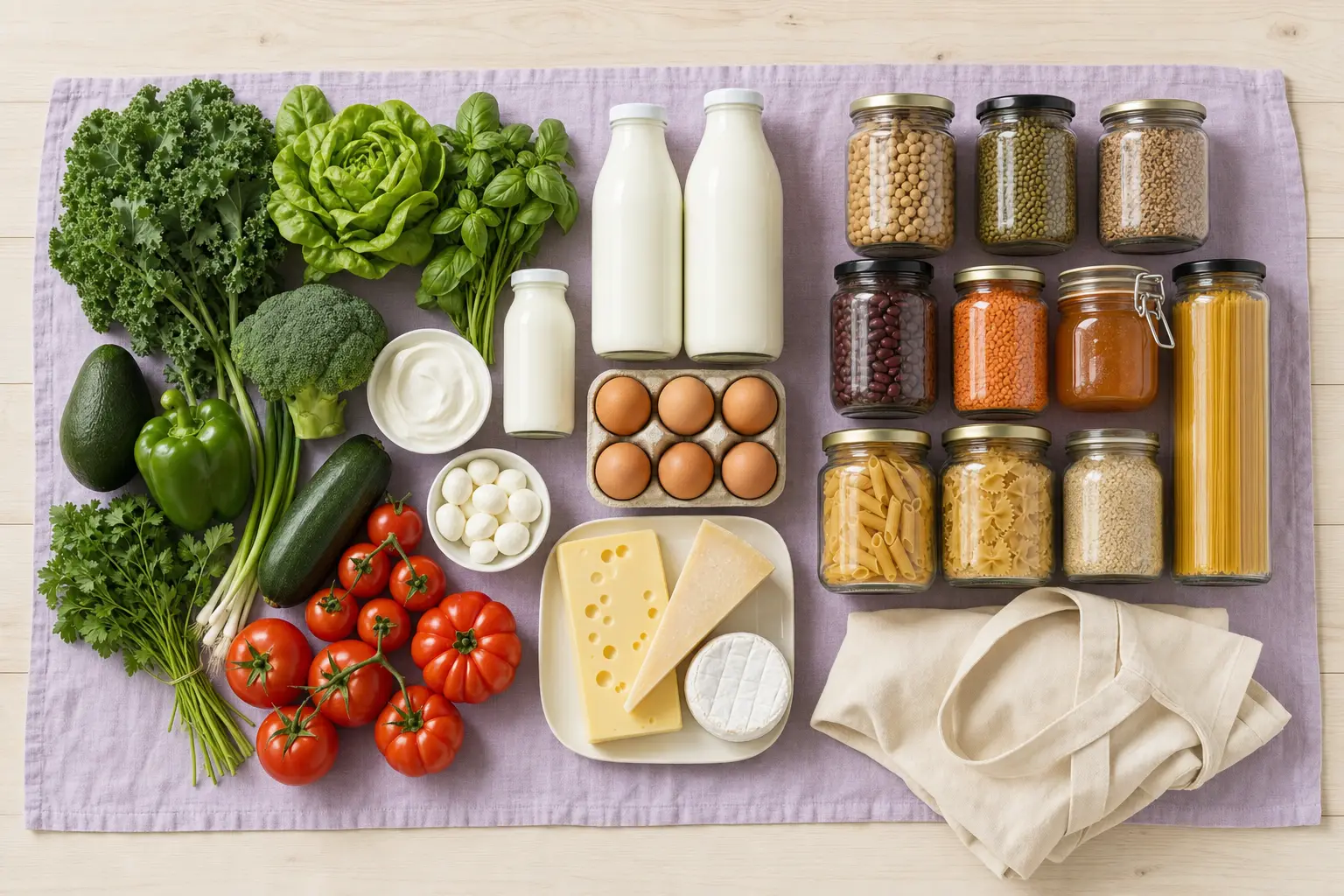 Groceries grouped into tidy clusters of produce, dairy and pantry jars on a wooden counter beside a canvas tote