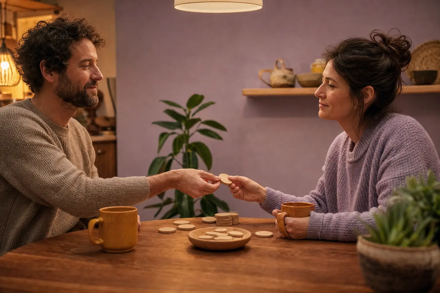 Two parents at a kitchen table passing wooden task tokens to each other in warm evening light