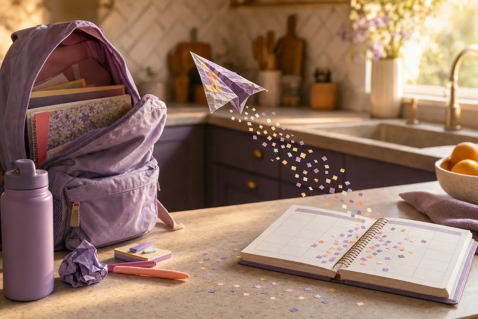 A paper airplane folded from a school flyer flying from a backpack toward an open weekly planner, trailing confetti squares