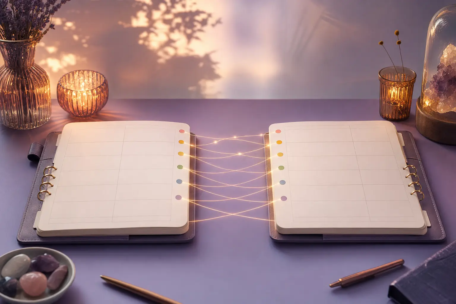 Two open paper planners facing each other on a desk, linked by glowing threads between matching colored dots