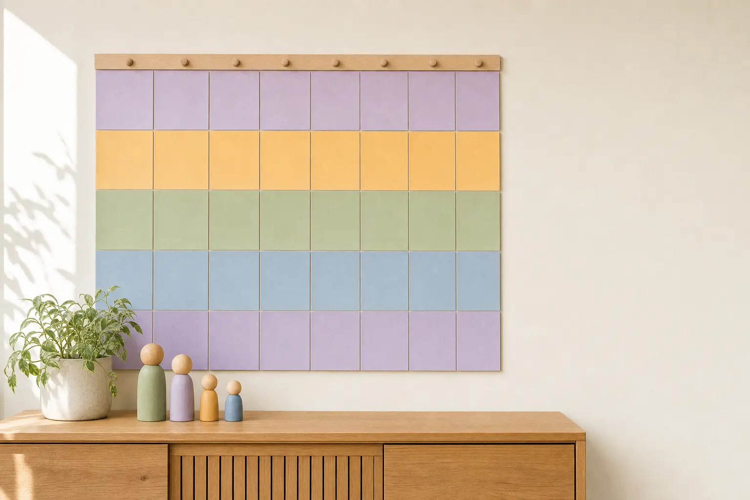 A wall calendar grid of pastel paper squares above a sideboard with four wooden peg-doll family figures