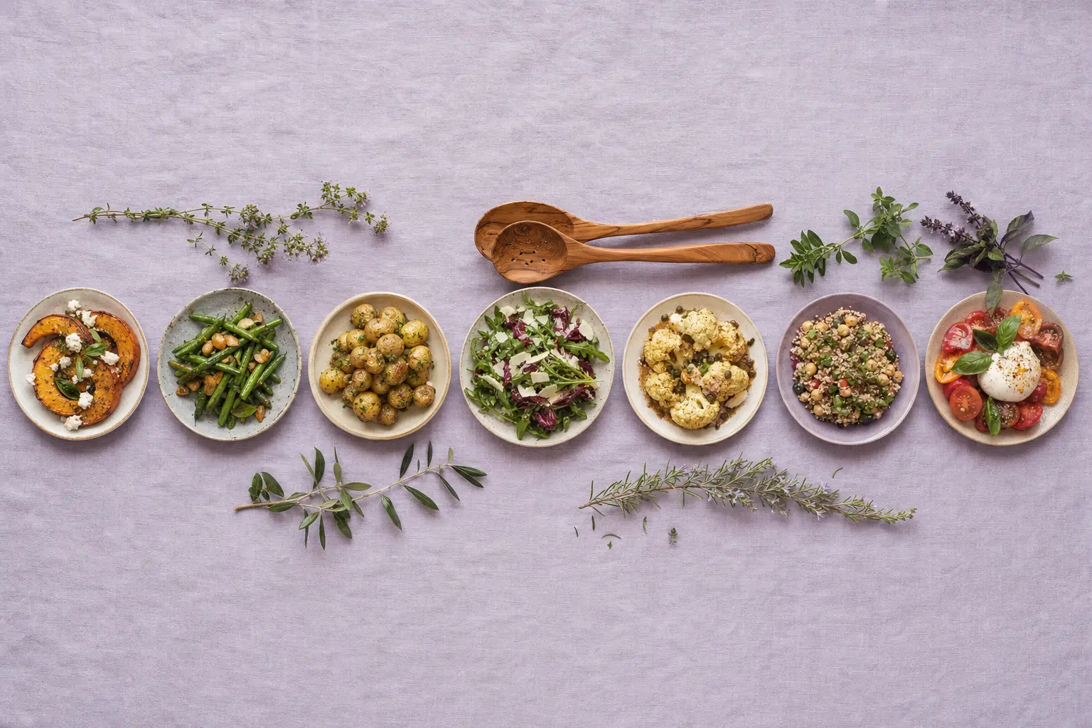 Seven small ceramic plates with different home-cooked meals in a row on a lavender linen tablecloth