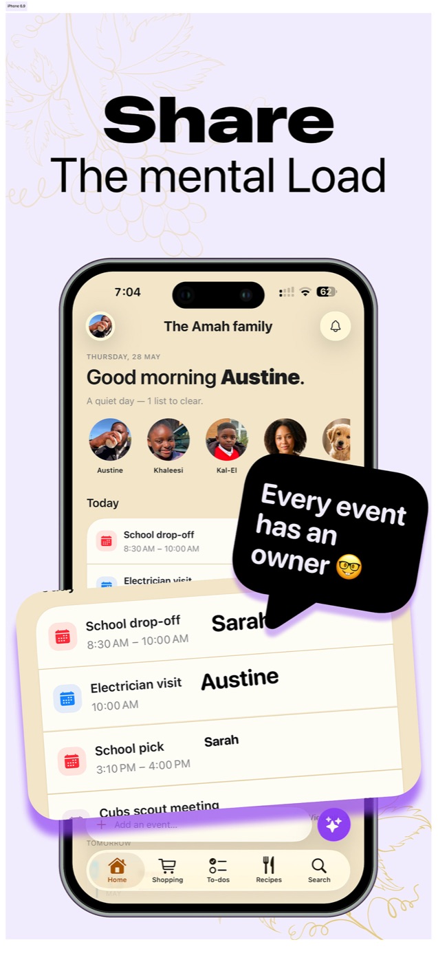 Famora home screen for the Amah family showing today's events, each labelled with the family member who owns it