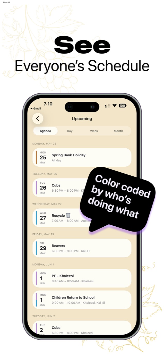 Famora agenda view with upcoming events color-coded by family member, including Cubs, recycling day and a school return date