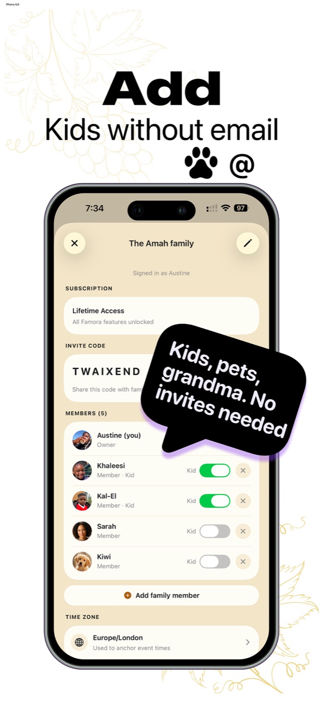 Famora household settings showing an invite code and a members list with kid profiles and a pet, none of which need an email address