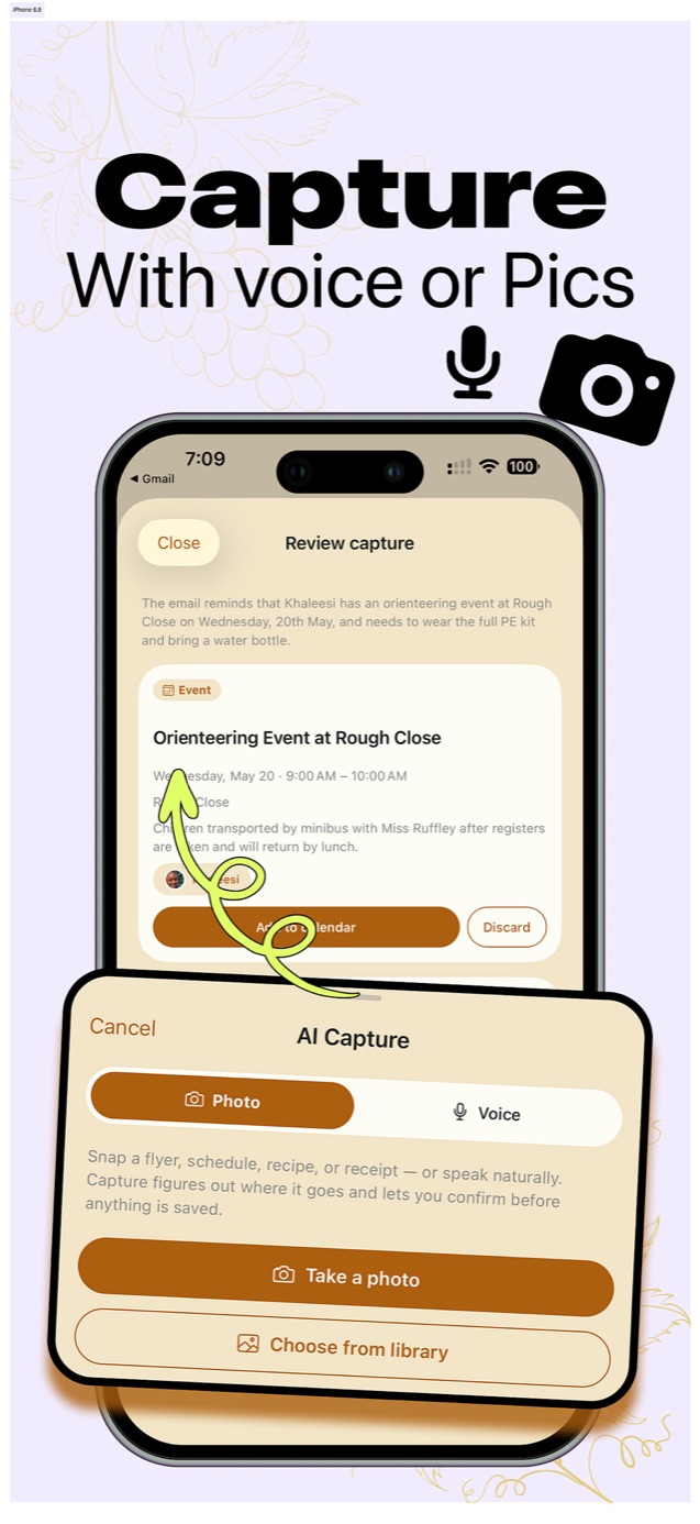 Famora AI Capture reviewing a school email and turning it into an orienteering calendar event with date, time and location filled in