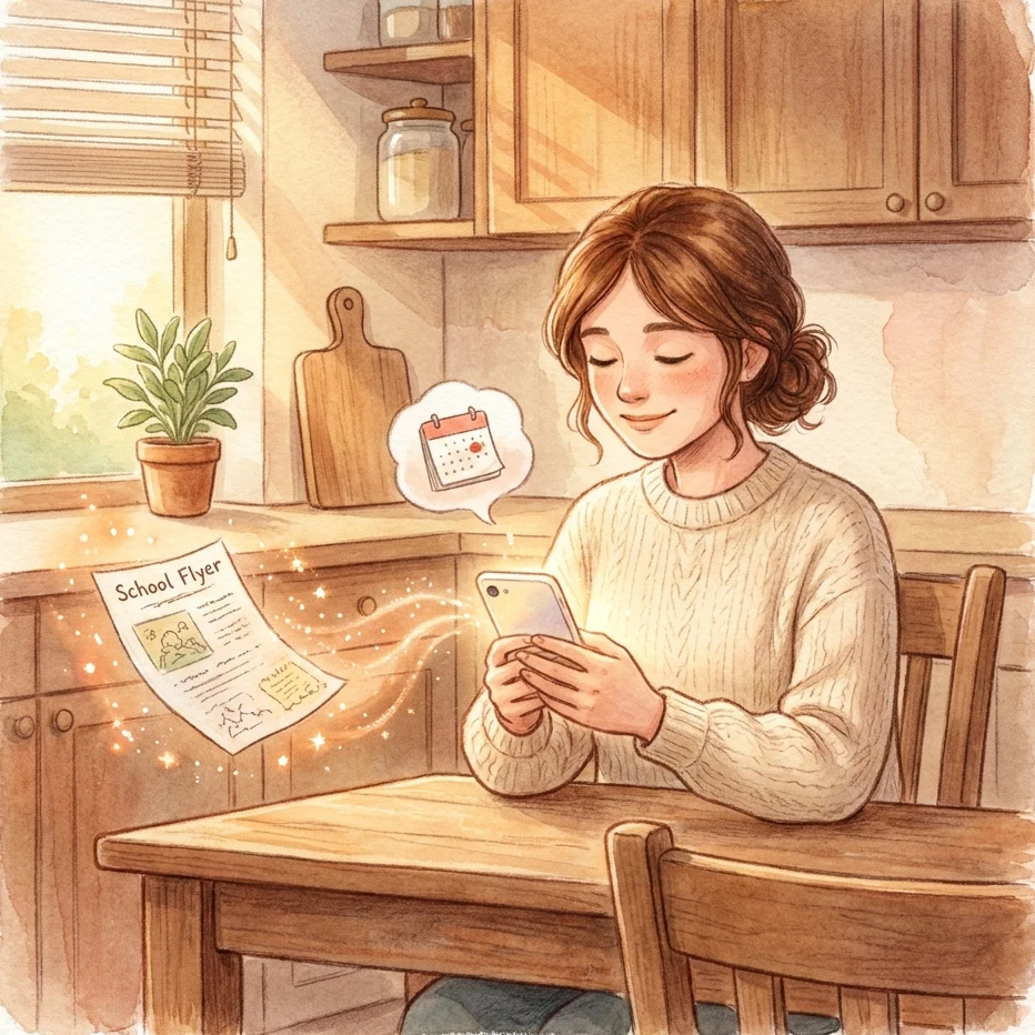A parent holds a phone as a school flyer dissolves into a calendar event
