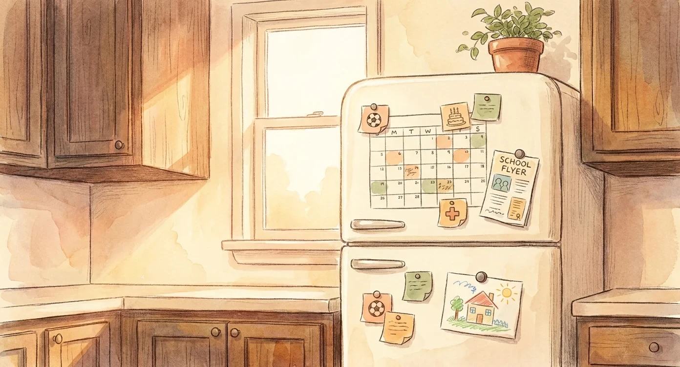 A family fridge with a magnetic calendar covered in sticky notes