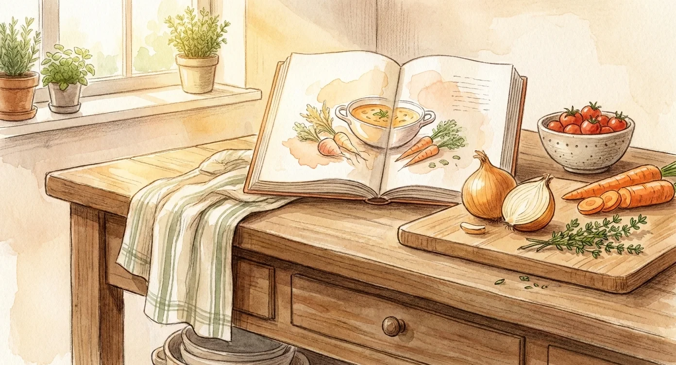 An open cookbook on a kitchen island with a chopping board and vegetables