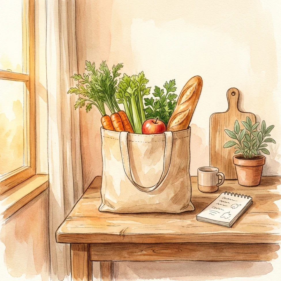 A reusable shopping bag with fresh vegetables on a wooden counter